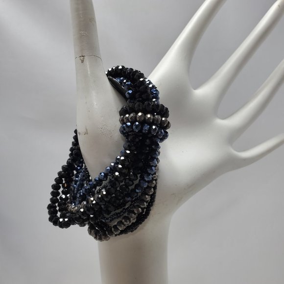 Ali Khan multi 12-strand black/hematite crystal glass stretch bracelet: - Picture 1 of 5